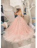 Thin Straps Pink Lace Tulle Beaded Flower Girl Dress